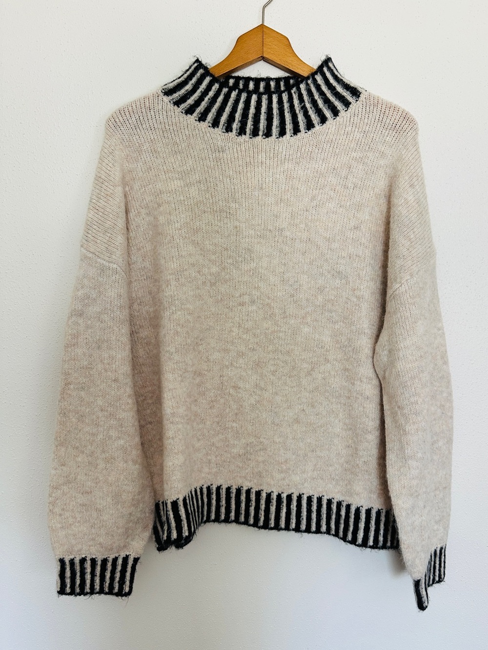 ADORA Cream Mock Neck Striped Trim Knit Pullover Sweater Small Like New